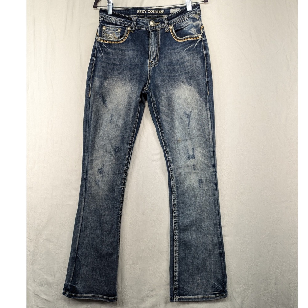 Sexy Couture Embellished Fit Boot Jeans Women's‎ Size 9 Blue Distressed Denim